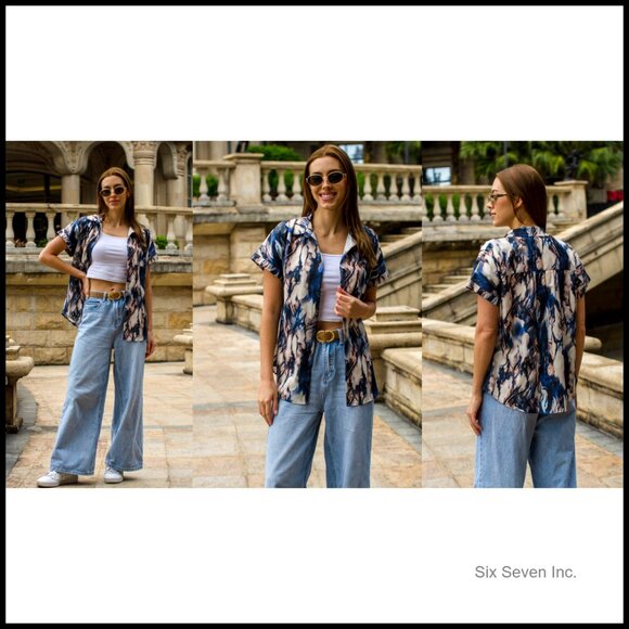 Short Sleeve Button Down Shirt V Neck Blouse with Pocket Loose Fit - Picture 7 of 7